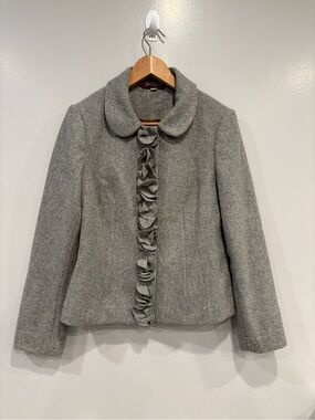 Boden Light Gray Wool-Blend Ruffle Front Jacket